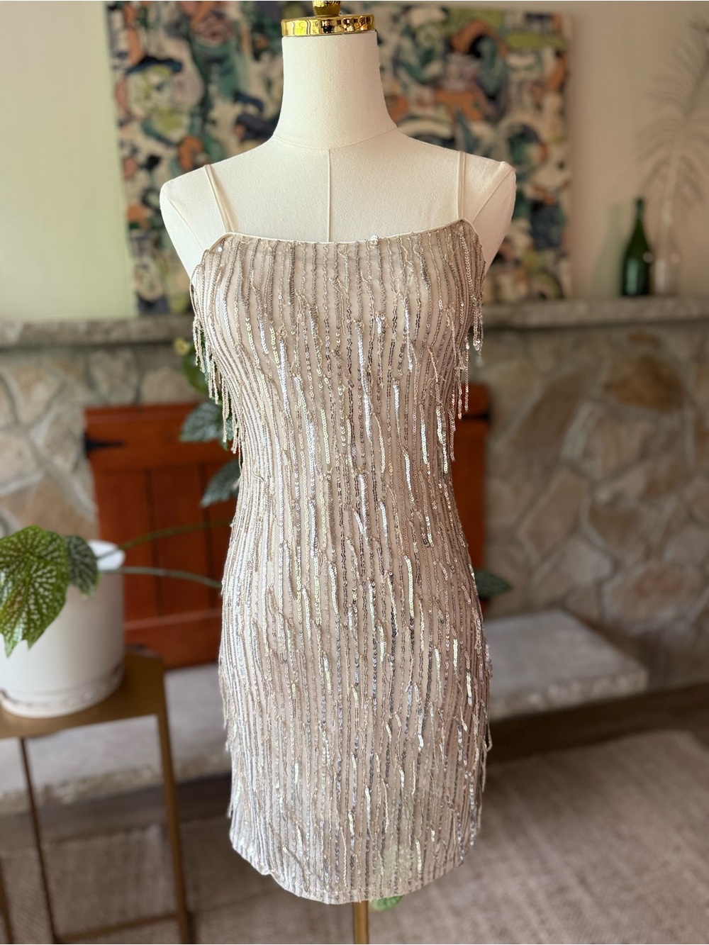 Trixxi Sequin Spaghetti Strap Cocktail Bodycon Dress Champagne Size Small NWT